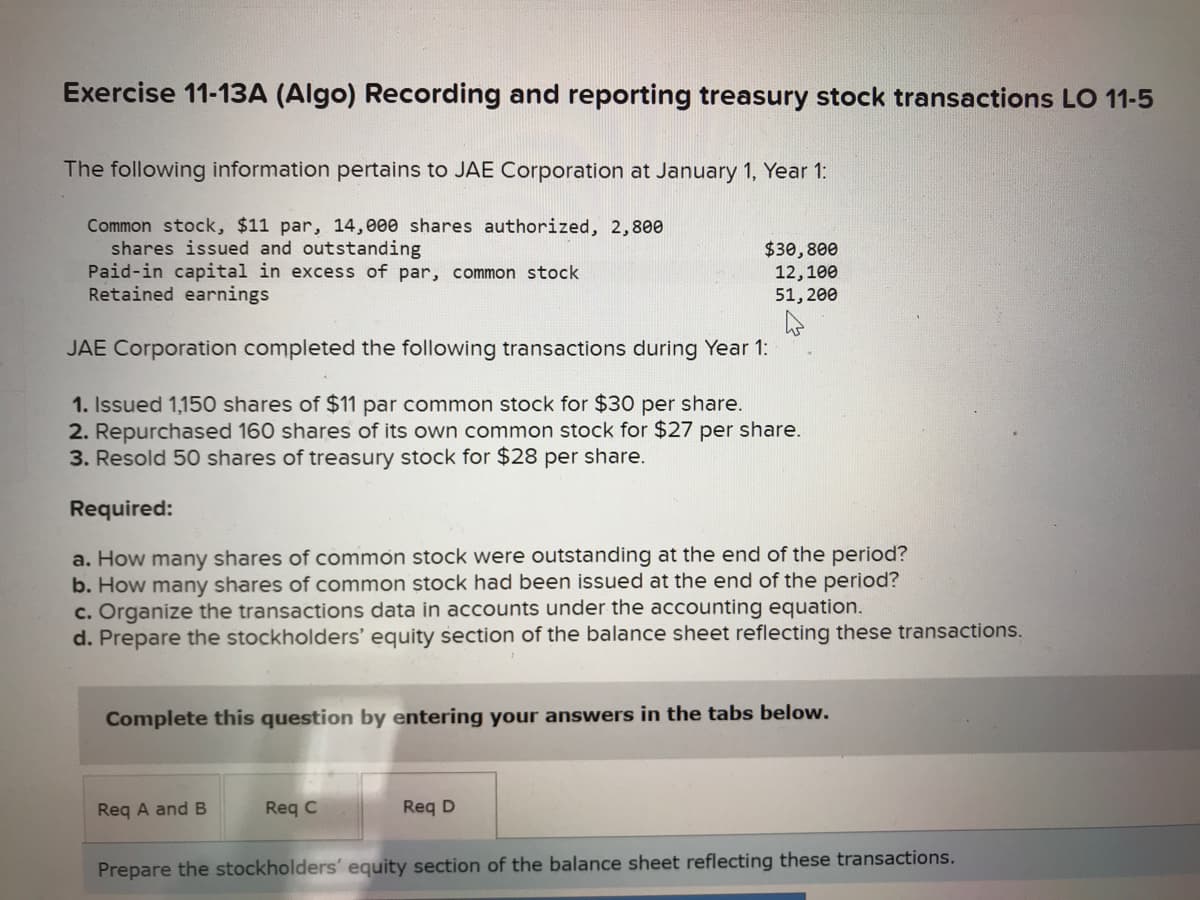 Exercise 11-13A (Algo) Recording and reporting treasury stock transactions LO 11-5
The following information pertains to JAE Corporation at January 1, Year 1:
Common stock, $11 par, 14,000 shares authorized, 2,800
shares issued and outstanding
Paid-in capital in excess of par, common stock
Retained earnings
$30,800
12,100
51,200
4
JAE Corporation completed the following transactions during Year 1:
1. Issued 1,150 shares of $11 par common stock for $30 per share.
2. Repurchased 160 shares of its own common stock for $27 per share.
3. Resold 50 shares of treasury stock for $28 per share.
Required:
a. How many shares of common stock were outstanding at the end of the period?
b. How many shares of common stock had been issued at the end of the period?
c. Organize the transactions data in accounts under the accounting equation.
d. Prepare the stockholders' equity section of the balance sheet reflecting these transactions.
Complete this question by entering your answers in the tabs below.
Req A and B
Req C
Req D
Prepare the stockholders' equity section of the balance sheet reflecting these transactions.