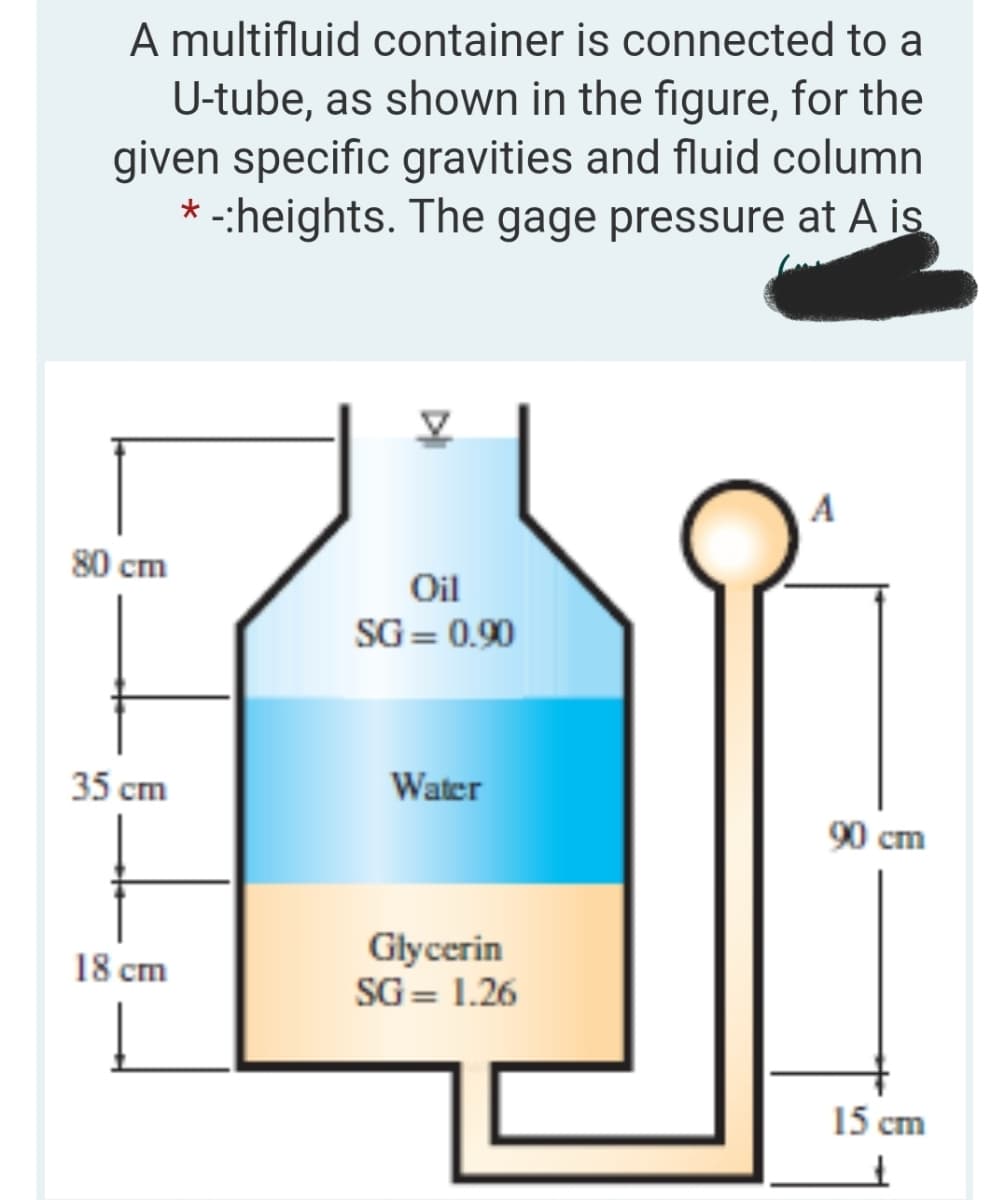 A multifluid container is connected to a
U-tube, as shown in the figure, for the
given specific gravities and fluid column
* -:heights. The gage pressure at A is
A
80 cm
Oil
SG = 0.90
35 cm
Water
90 cm
Glycerin
SG = 1.26
18 cm
15 cm
