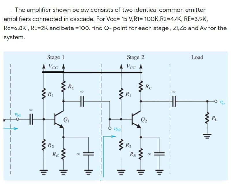 The amplifier shown below consists of two identical common emitter
amplifiers connected in cascade. For Vcc= 15 V,R1= 100K,R2=47K, RE=3.9K,
Rc=6.8K , RL=2K and beta =100. find Q- point for each stage, Zi,Zo and Av for the
system.
Load
Stage 2
Stage 1
A Vcc A
A Vcc
A
Rc
Rc
R1
R1
RL
Q2
Qi
R2
R2
RE
RE
8

