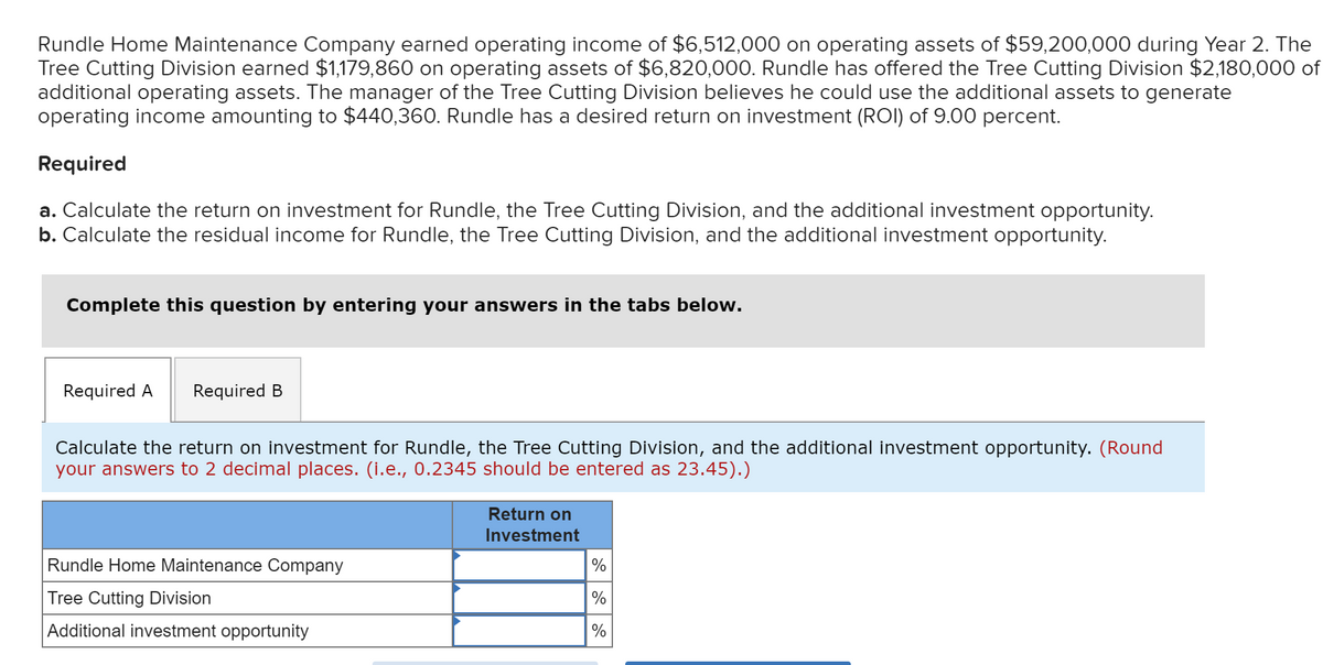 Rundle Home Maintenance Company earned operating income of $6,512,000 on operating assets of $59,200,000 during Year 2. The
Tree Cutting Division earned $1,179,860 on operating assets of $6,820,000. Rundle has offered the Tree Cutting Division $2,180,000 of
additional operating assets. The manager of the Tree Cutting Division believes he could use the additional assets to generate
operating income amounting to $440,360. Rundle has a desired return on investment (ROI) of 9.00 percent.
Required
a. Calculate the return on investment for Rundle, the Tree Cutting Division, and the additional investment opportunity.
b. Calculate the residual income for Rundle, the Tree Cutting Division, and the additional investment opportunity.
Complete this question by entering your answers in the tabs below.
Required A
Required B
Calculate the return on investment for Rundle, the Tree Cutting Division, and the additional investment opportunity. (Round
your answers to 2 decimal places. (i.e., 0.2345 should be entered as 23.45).)
Return on
Investment
Rundle Home Maintenance Company
%
Tree Cutting Division
Additional investment opportunity
%
