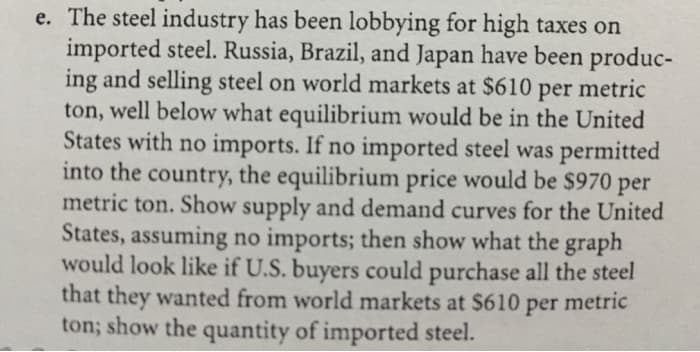 e. The steel industry has been lobbying for high taxes on
imported steel. Russia, Brazil, and Japan have been produc-
ing and selling steel on world markets at $610 per metric
ton, well below what equilibrium would be in the United
States with no imports. If no imported steel was permitted
into the country, the equilibrium price would be $970 per
metric ton. Show supply and demand curves for the United
States, assuming no imports; then show what the graph
would look like if U.S. buyers could purchase all the steel
that they wanted from world markets at $610 per metric
ton; show the quantity of imported steel.
