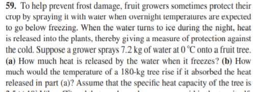 59. To help prevent frost damage, fruit growers sometimes protect their
crop by spraying it with water when overnight temperatures are expected
to go below freezing. When the water turns to ice during the night, heat
is released into the plants, thereby giving a measure of protection against
the cold. Suppose a grower sprays 7.2 kg of water at 0 °C onto a fruit tree.
(a) How much heat is released by the water when it freezes? (b) How
much would the temperature of a 180-kg tree rise if it absorbed the heat
released in part (a)? Assume that the specific heat capacity of the tree is
