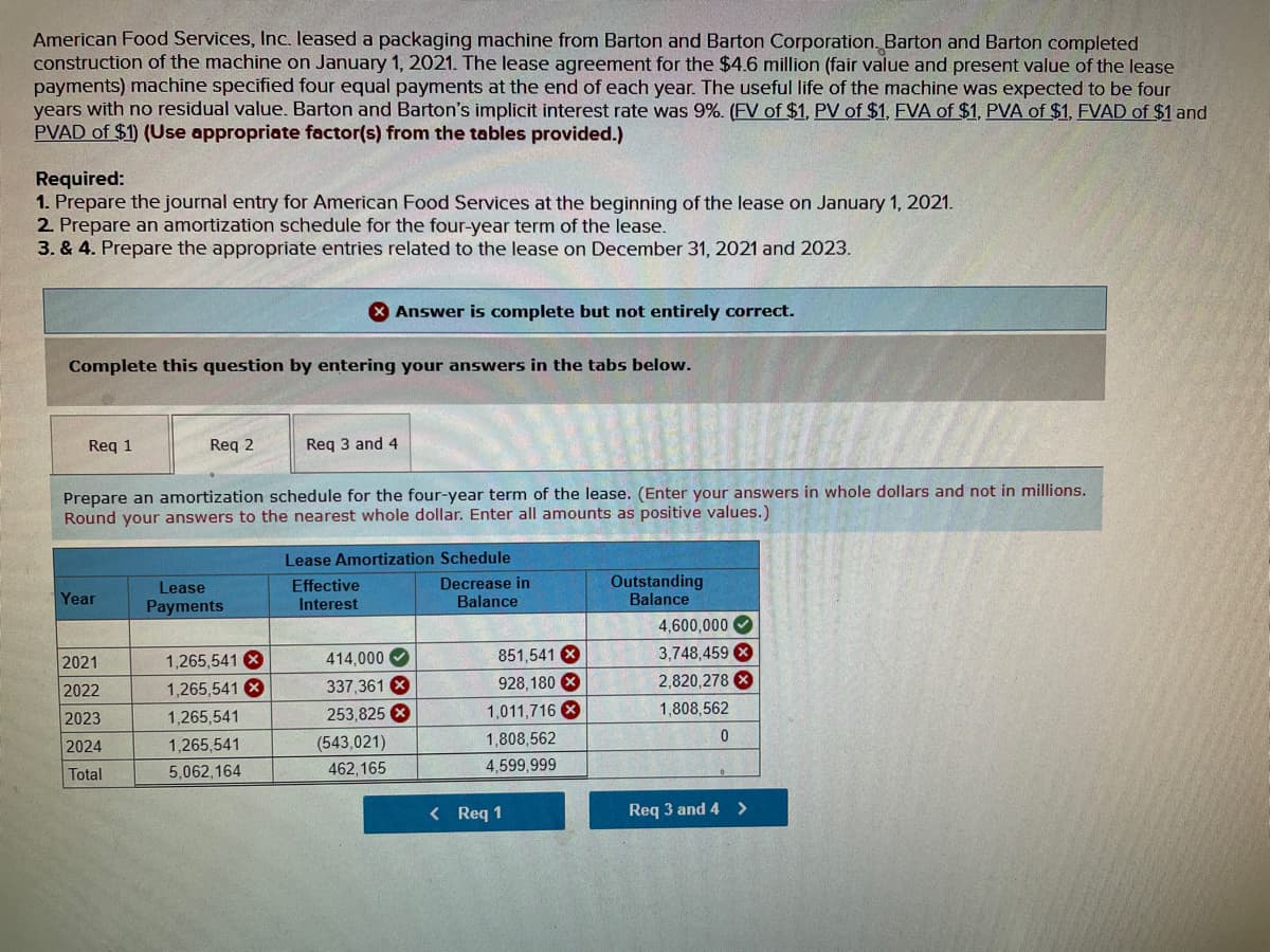 American Food Services, Inc. leased a packaging machine from Barton and Barton Corporation. Barton and Barton completed
construction of the machine on January 1, 2021. The lease agreement for the $4.6 million (fair value and present value of the lease
payments) machine specified four equal payments at the end of each year. The useful life of the machine was expected to be four
years with no residual value. Barton and Barton's implicit interest rate was 9%. (FV of $1, PV of $1, FVA of $1, PVA of $1, FVAD of $1 and
PVAD of $1) (Use appropriate factor(s) from the tables provided.)
Required:
1. Prepare the journal entry for American Food Services at the beginning of the lease on January 1, 2021.
2. Prepare an amortization schedule for the four-year term of the lease.
3. & 4. Prepare the appropriate entries related to the lease on December 31, 2021 and 2023.
Complete this question by entering your answers in the tabs below.
Req 1
Year
Req 2
2021
2022
2023
2024
Total
Prepare an amortization schedule for the four-year term of the lease. (Enter your answers in whole dollars and not in millions.
Round your answers to the nearest whole dollar. Enter all amounts as positive values.)
Lease
Payments
1,265,541 X
1,265,541 X
1,265,541
1,265,541
5,062,164
Answer is complete but not entirely correct.
Req 3 and 4
Lease Amortization Schedule
Decrease in
Balance
Effective
Interest
414,000
337,361 X
253,825 X
(543,021)
462,165
851,541 X
928,180 X
1,011,716 X
1,808,562
4,599,999
< Req 1
Outstanding
Balance
4,600,000
3,748,459 X
2,820,278 x
1,808,562
0
Req 3 and 4 >