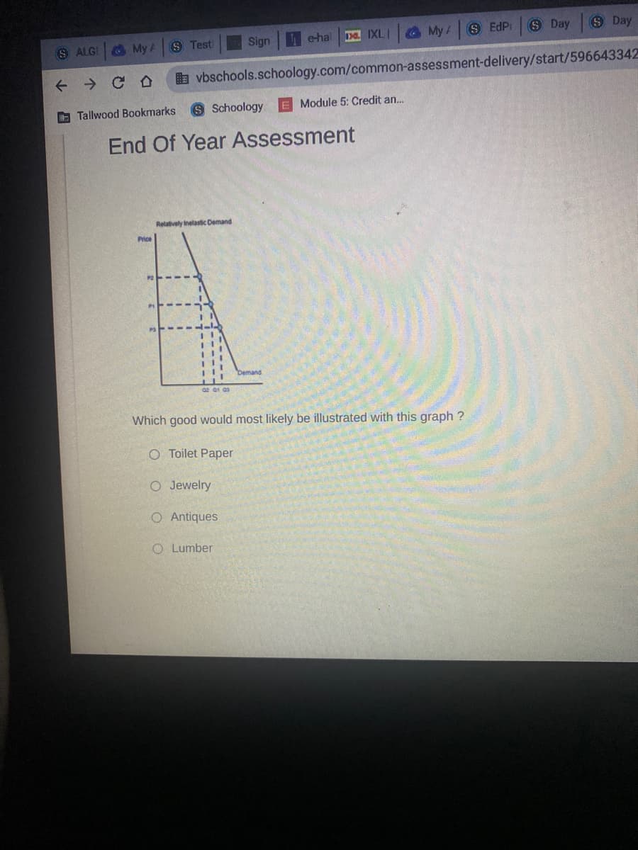 S ALGI
←
Sign
e-hal
1x. IXLI
My/ 8 EdPi
S Day
S Day
vbschools.schoology.com/common-assessment-delivery/start/596643342
S Schoology E Module 5: Credit an...
My A S Test
CD
Tallwood Bookmarks
End Of Year Assessment
Relatively inelastic Demand
Demand
az ar as
Which good would most likely be illustrated with this graph?
O Toilet Paper
O Jewelry
O Antiques
O Lumber