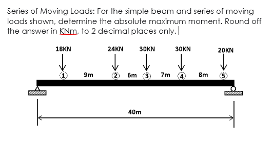 Series of Moving Loads: For the simple beam and series of moving
loads shown, determine the absolute maximum moment. Round off
the answer in KNm, to 2 decimal places only.
18KN
24KN
30KN
30KN
20KN
9m
2) 6m (3)
7m
8m
40m
