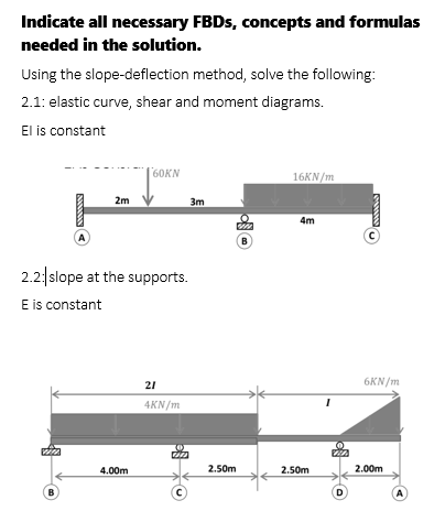 Indicate all necessary FBDS, concepts and formulas
needed in the solution.
Using the slope-deflection method, solve the following:
2.1: elastic curve, shear and moment diagrams.
El is constant
60KN
16KN/m
2m
3m
4m
A
B
2.2: slope at the supports.
E is constant
21
6KN/m
4KN/m
4.00m
2.50m
2.50m
2.00m
B
A

