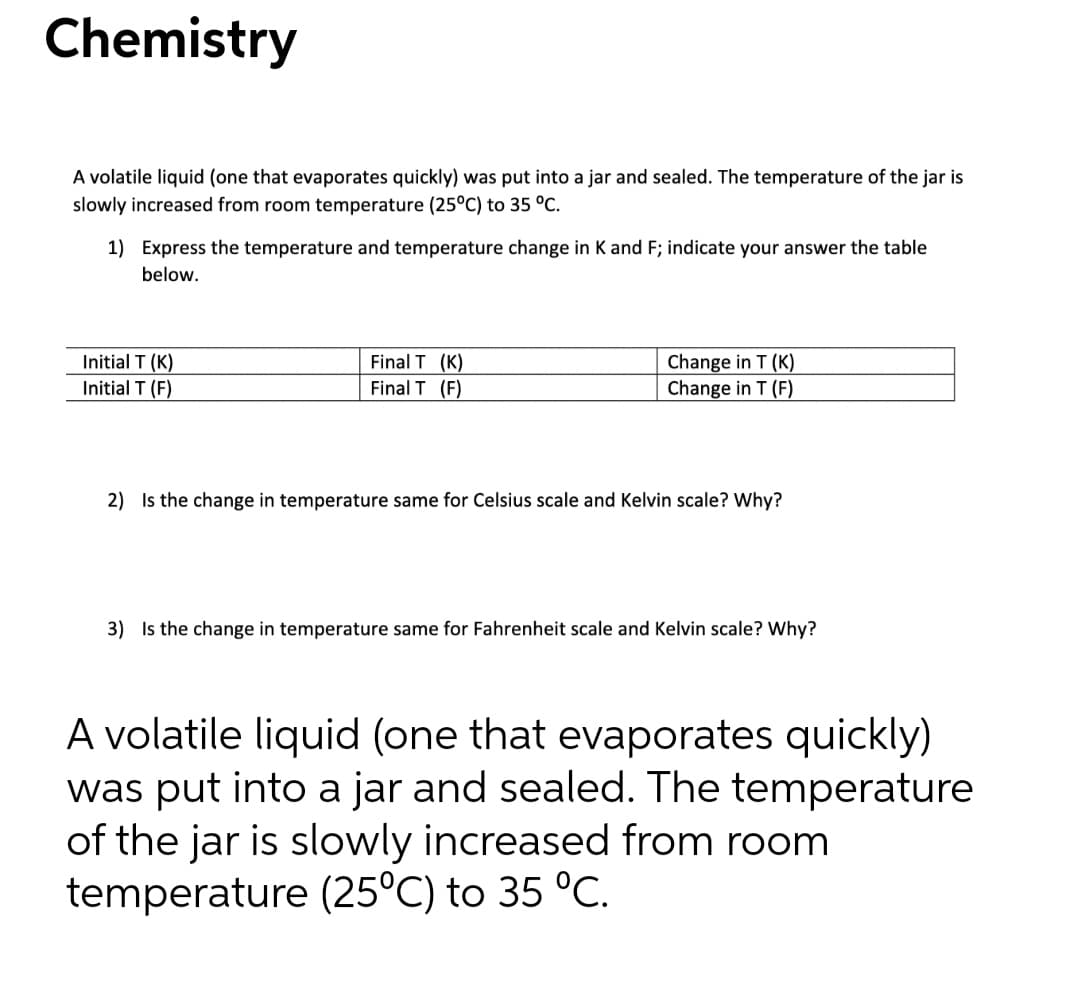 Chemistry
A volatile liquid (one that evaporates quickly) was put into a jar and sealed. The temperature of the jar is
slowly increased from room temperature (25°C) to 35 °C.
1) Express the temperature and temperature change in K and F; indicate your answer the table
below.
Initial T (K)
Initial T (F)
Final T (K)
Final T (F)
Change in T (K)
Change in T (F)
2) Is the change in temperature same for Celsius scale and Kelvin scale? Why?
3) Is the change in temperature same for Fahrenheit scale and Kelvin scale? Why?
A volatile liquid (one that evaporates quickly)
was put into a jar and sealed. The temperature
of the jar is slowly increased from room
temperature (25°C) to 35 °C.
