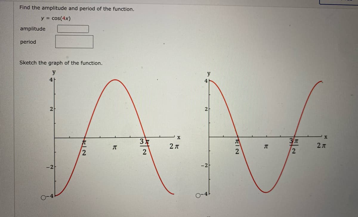 Find the amplitude and period of the function.
y = cos(4x)
amplitude
period
Sketch the graph of the function.
y
y
4
4
21
X
2л
2л
2
-2
O-4
