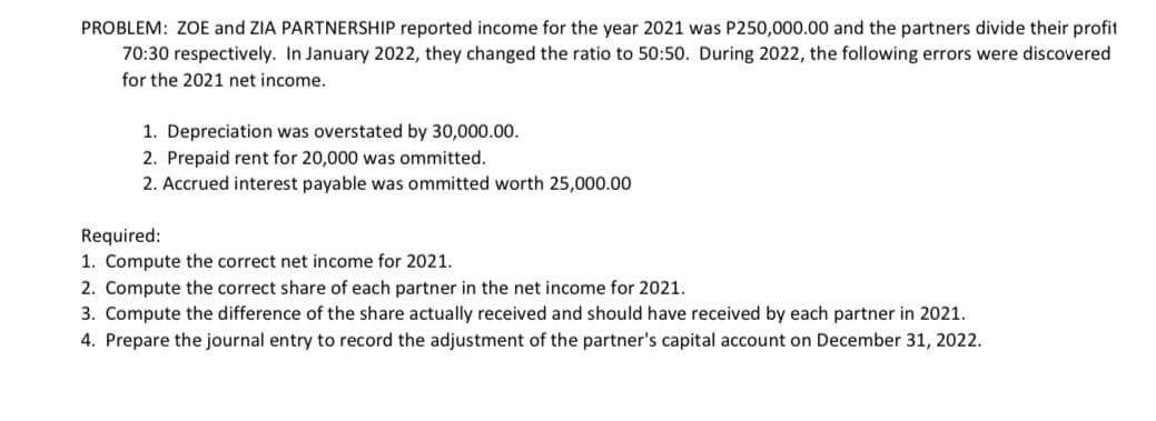 PROBLEM: ZOE and ZIA PARTNERSHIP reported income for the year 2021 was P250,000.00 and the partners divide their profit
70:30 respectively. In January 2022, they changed the ratio to 50:50. During 2022, the following errors were discovered
for the 2021 net income.
1. Depreciation was overstated by 30,000.00.
2. Prepaid rent for 20,000 was ommitted.
2. Accrued interest payable was ommitted worth 25,000.00
Required:
1. Compute the correct net income for 2021.
2. Compute the correct share of each partner in the net income for 2021.
3. Compute the difference of the share actually received and should have received by each partner in 2021.
4. Prepare the journal entry to record the adjustment of the partner's capital account on December 31, 2022.