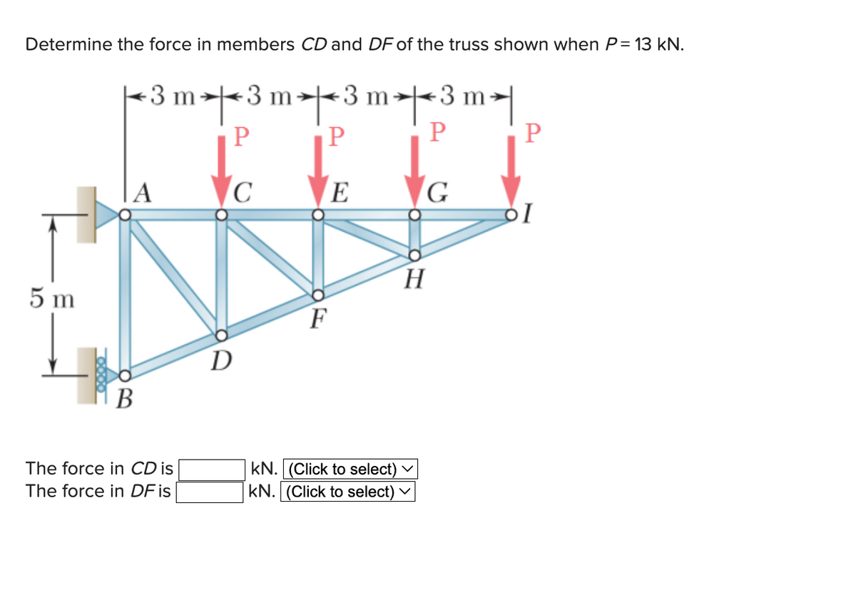 Determine the force in members CD and DF of the truss shown when P = 13 kN.
5 m
<3 m3 m3 m3 m
P
P
P
C
E
A
B
The force in CD is
The force in DF is
D
F
kN. (Click to select)
kN. (Click to select)
H
V
G
V
P
SI