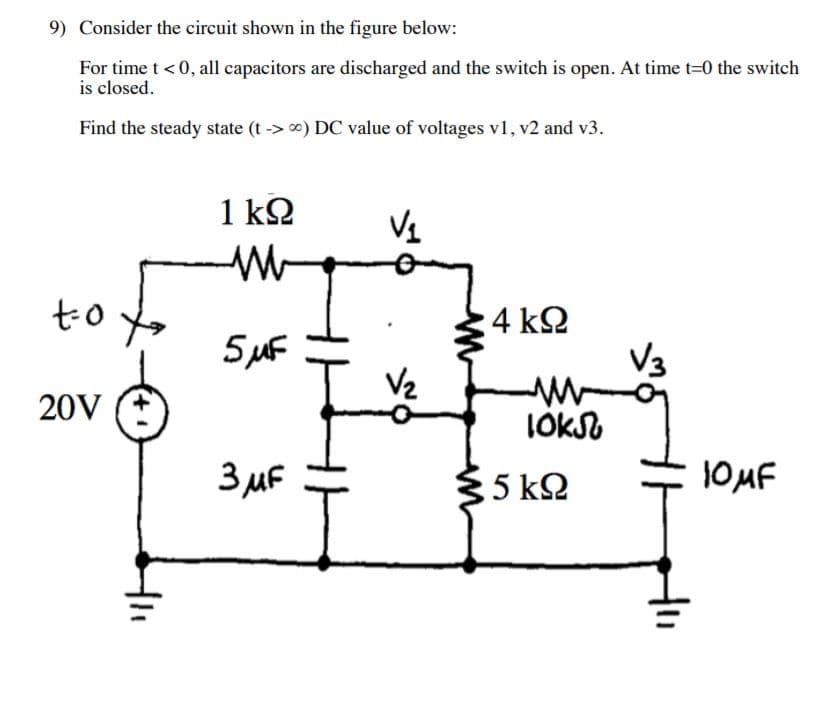 9) Consider the circuit shown in the figure below:
For time t0, all capacitors are discharged and the switch is open. At time t-0 the switch
is closed
Find the steady state (t-> ) DC value of voltages v, v2 and v3
1 kΩ
-W
to
4 kΩ
V3
5F
20V
Oksb
OMF
3uF
:5 kQ
w
