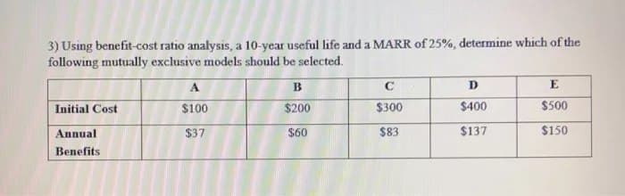 3) Using benefit-cost ratio analysis, a 10-year useful life and a MARR of 25%, determine which of the
following mutually exclusive models should be selected.
Initial Cost
Annual
Benefits
A
$100
$37
B
$200
$60
C
$300
$83
D
$400
$137
E
$500
$150