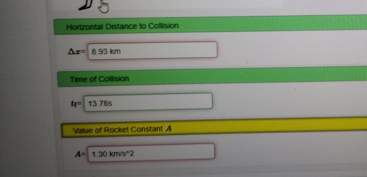 Horizontal Distance to Collision
Az- 8.93 km
Time of Collision
tf=13.78s
Value of Rocket Constant A
A= 1.30 km/s^2
