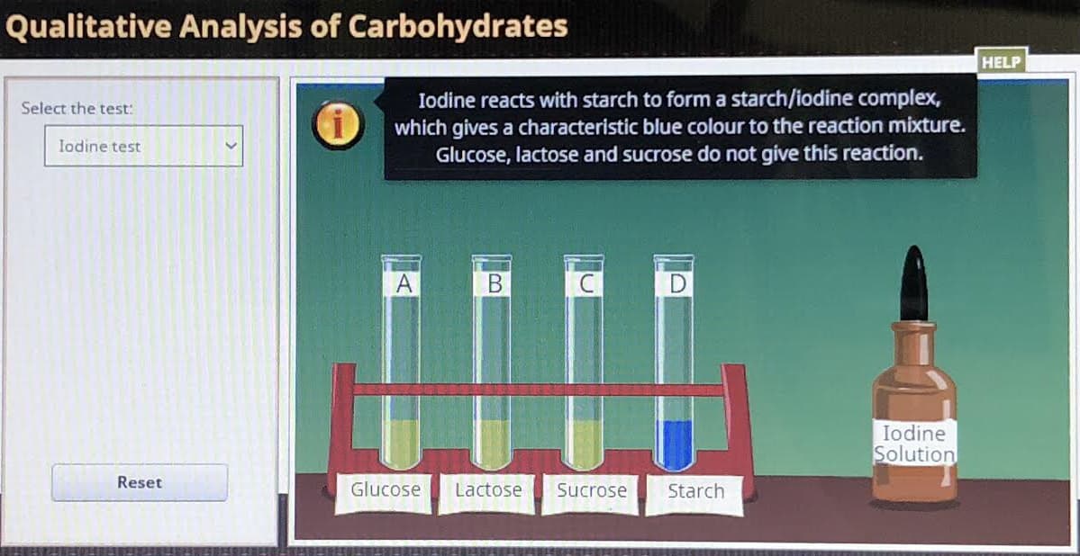 Qualitative Analysis of Carbohydrates
HELP
Iodine reacts with starch to form a starch/iodine complex,
which gives a characteristic blue colour to the reaction mixture.
Glucose, lactose and sucrose do not give this reaction.
Select the test:
Iodine test
A
Iodine
Solution
Reset
Glucose
Lactose
Sucrose
Starch
