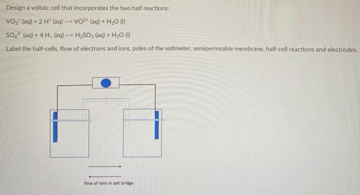 Design a voltaic cell that incorporates the two half reactions:
VO2 (aq) + 2 H" (aq) --> VO2" (aq) + H2O ()
SO,2 (aq) + 4 H, (aq) -->
H2SO3 (aq) + H2O ()
Label the half-cells, flow of electrons and ions, poles of the voltmeter, semipermeable membrane, half-cell reactions and electrodes.
flow of ions in salt bridge
