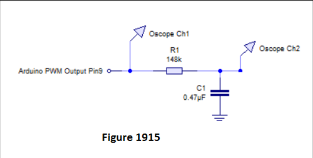 V Oscope Ch1
R1
Oscope Ch2
148k
Arduino PWM Output Ping o-
C1
0.47uF
Figure 1915
