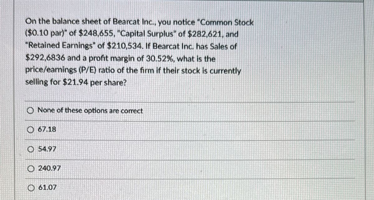 On the balance sheet of Bearcat Inc., you notice "Common Stock
($0.10 par)" of $248,655, "Capital Surplus" of $282,621, and
"Retained Earnings" of $210,534. If Bearcat Inc. has Sales of
$292,6836 and a profit margin of 30.52%, what is the
price/earnings (P/E) ratio of the firm if their stock is currently
selling for $21.94 per share?
O None of these options are correct
67.18
54.97
240.97
61.07
DISCL