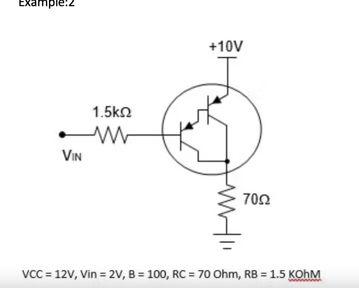 Example:2
VIN
1.5ΚΩ
ww
+10V
7052
VCC = 12V, Vin = 2V, B = 100, RC = 70 Ohm, RB = 1.5 KOhM