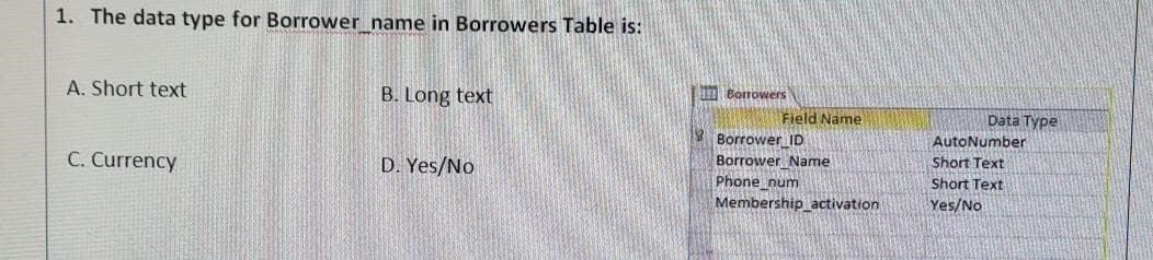 1. The data type for Borrower_name in Borrowers Table is:
A. Short text
C. Currency
B. Long text
D. Yes/No
Borrowers
Field Name
Borrower ID
Borrower Name
Phone num
Membership_activation
Data Type
AutoNumber
Short Text
Short Text
Yes/No