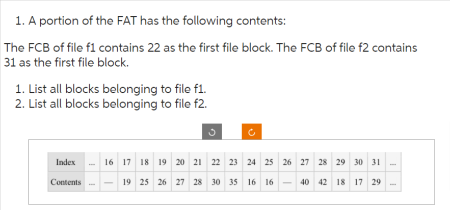 1. A portion of the FAT has the following contents:
The FCB of file f1 contains 22 as the first file block. The FCB of file f2 contains
31 as the first file block.
1. List all blocks belonging to file f1.
2. List all blocks belonging to file f2.
Index
Contents
***
***
3
U
16 17 18 19 20 21 22 23 24 25 26 27 28 29 30 31
19 25 26 27 28 30 35 16 16
I
40 42 18 17 29
www