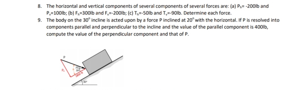 8. The horizontal and vertical components of several components of several forces are: (a) Pn= -200lb and
P,=100lb; (b) F,=300lb and F,=-200lb; (c) T,=-50lb and T,=-90lb. Determine each force.
9. The body on the 30° incline is acted upon by a force P inclined at 20° with the horizontal. If P is resolved into
components parallel and perpendicular to the incline and the value of the parallel component is 400lb,
compute the value of the perpendicular component and that of P.
P.
1800 N
