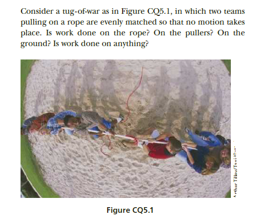 Consider a tug-of-war as in Figure CQ5.1, in which two teams
pulling on a rope are evenly matched so that no motion takes
place. Is work done on the rope? On the pullers? On the
ground? Is work done on anything?
Figure CQ5.1
A rthur Tilleu/Tavin-
