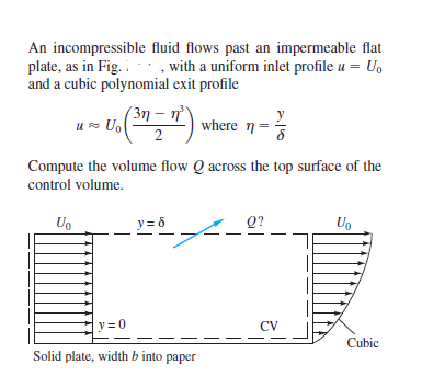 An incompressible fluid flows past an impermeable flat
plate, as in Fig. . , with a uniform inlet profile u = U,
and a cubic polynomial exit profile
(3η - η'
where n=
2
Compute the volume flow Q across the top surface of the
control volume.
Ug
у 3б
Q?
Uo
y=0
CV
Cubic
Solid plate, width b into paper
