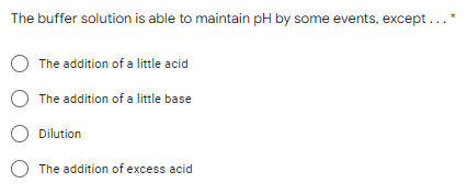 The buffer solution is able to maintain pH by some events, except... *
The addition of a little acid
O The addition of a little base
O Dilution
O The addition of excess acid