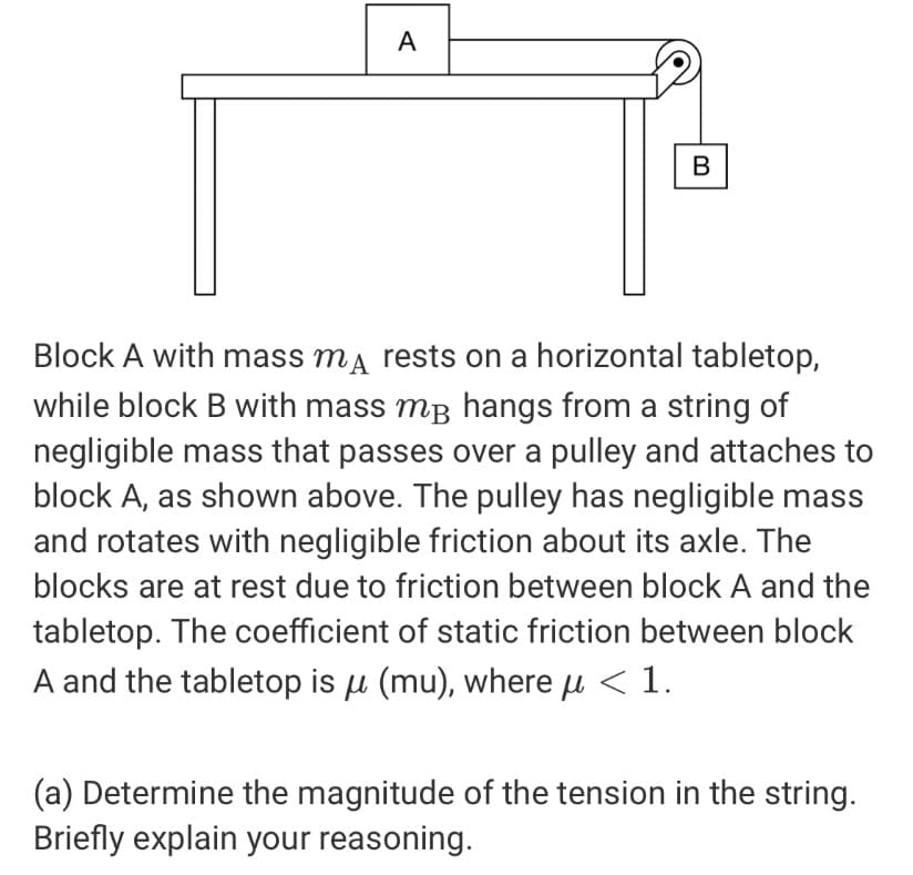 A
В
Block A with mass ma rests on a horizontal tabletop,
while block B with mass mB hangs from a string of
negligible mass that passes over a pulley and attaches to
block A, as shown above. The pulley has negligible mass
and rotates with negligible friction about its axle. The
blocks are at rest due to friction between block A and the
tabletop. The coefficient of static friction between block
A and the tabletop is u (mu), where µ < 1.
(a) Determine the magnitude of the tension in the string.
Briefly explain your reasoning.
