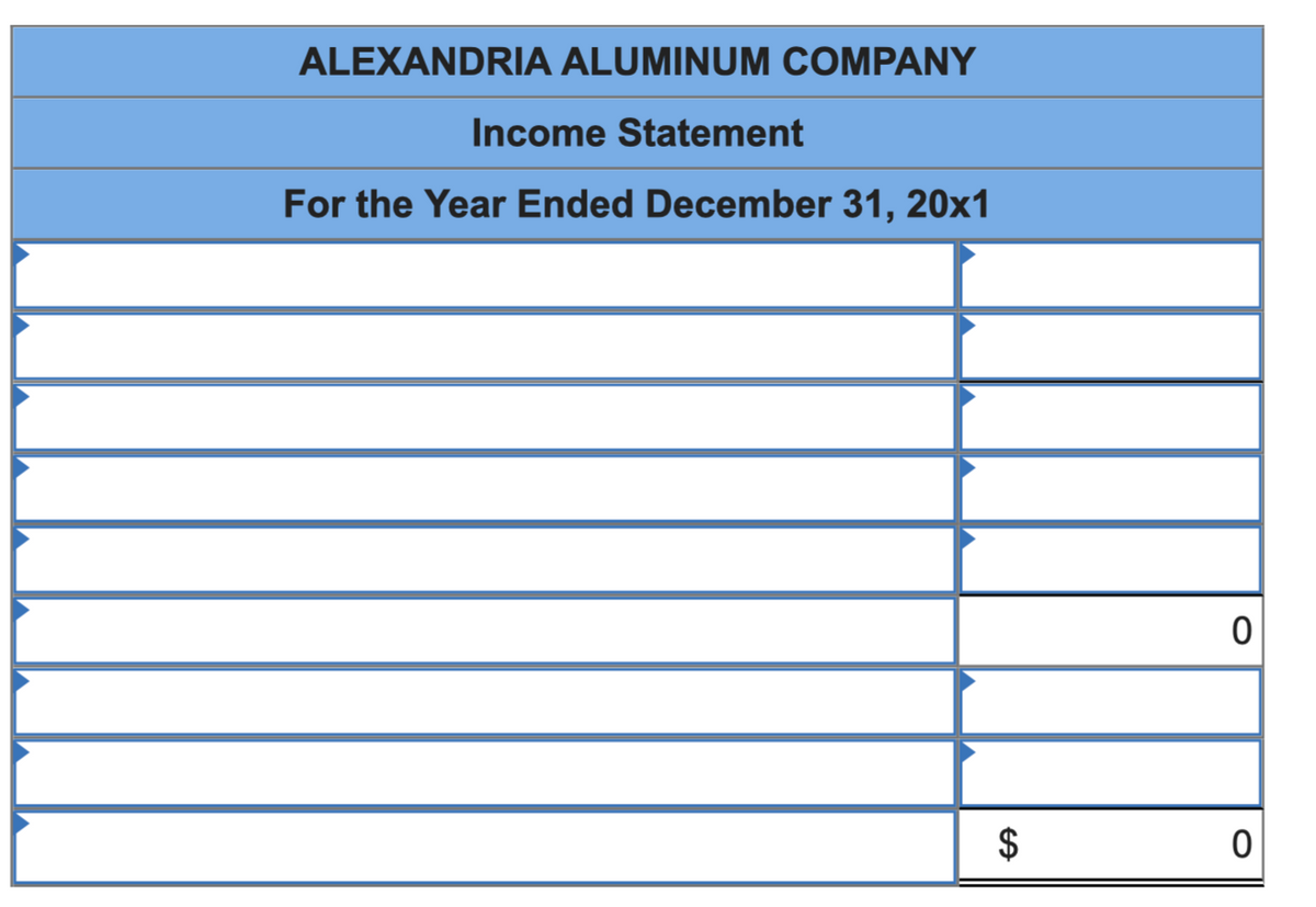 ALEXANDRIA ALUMINUM COMPANY
Income Statement
For the Year Ended December 31, 20x1
$
0
0