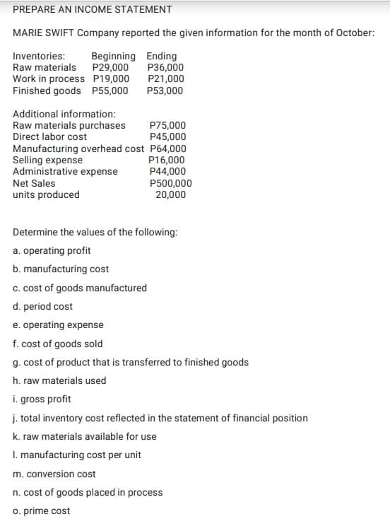 PREPARE AN INCOME STATEMENT
MARIE SWIFT Company reported the given information for the month of October:
Inventories:
Beginning Ending
P36,000
Raw materials P29,000
Work in process P19,000
Finished goods P55,000
P21,000
P53,000
Additional information:
Raw materials purchases
Direct labor cost
Manufacturing overhead cost P64,000
Selling expense
Administrative expense
Net Sales
units produced
P75,000
P45,000
P16,000
P44,000
P500,000
20,000
Determine the values of the following:
a. operating profit
b. manufacturing cost
c. cost of goods manufactured
d. period cost
e. operating expense
f. cost of goods sold
g. cost of product that is transferred to finished goods
h. raw materials used
i. gross profit
j. total inventory cost reflected in the statement of financial position
k. raw materials available for use
I. manufacturing cost per unit
m. conversion cost
n. cost of goods placed in process
o. prime cost
