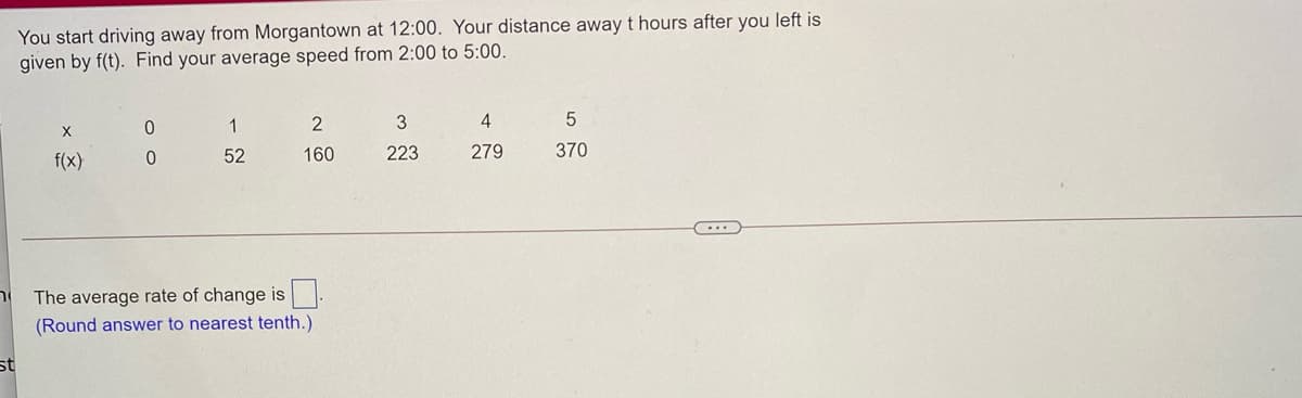 You start driving away from Morgantown at 12:00. Your distance away t hours after you left is
given by f(t). Find your average speed from 2:00 to 5:00.
1
4
X
52
160
223
279
370
f(x)
The average rate of change is.
(Round answer to nearest tenth.)
st
