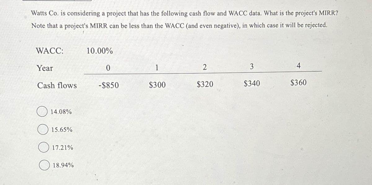 Watts Co. is considering a project that has the following cash flow and WACC data. What is the project's MIRR?
Note that a project's MIRR can be less than the WACC (and even negative), in which case it will be rejected.
WACC:
10.00%
Year
0
1
2
3
4
Cash flows
-$850
$300
$320
$340
$360
14.08%
15.65%
17.21%
18.94%