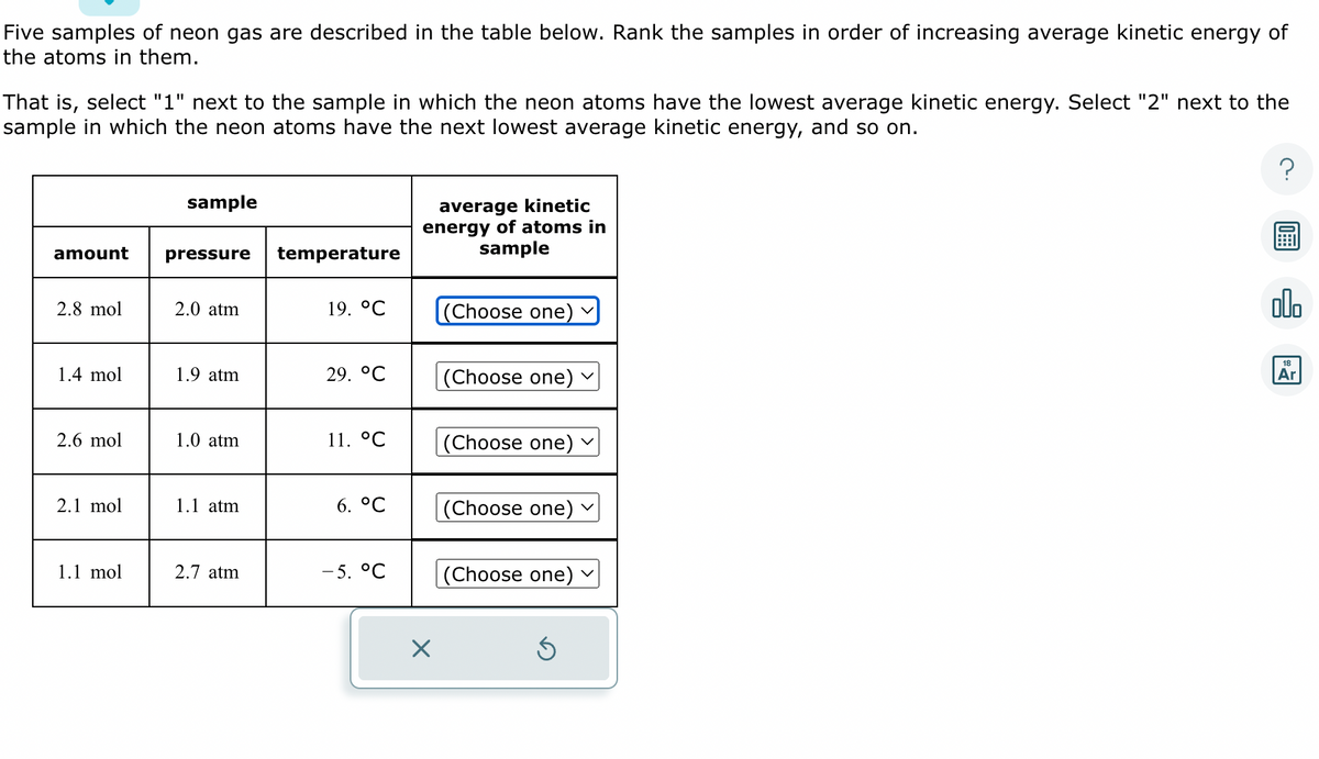 Five samples of neon gas are described in the table below. Rank the samples in order of increasing average kinetic energy of
the atoms in them.
That is, select "1" next to the sample in which the neon atoms have the lowest average kinetic energy. Select "2" next to the
sample in which the neon atoms have the next lowest average kinetic energy, and so on.
amount
2.8 mol
1.4 mol
2.6 mol
2.1 mol
1.1 mol
sample
pressure
2.0 atm
1.9 atm
1.0 atm
1.1 atm
2.7 atm
temperature
19. °C
29. °C
11. °C
6. °C
-5. °C
average kinetic
energy of atoms in
sample
X
(Choose one)
(Choose one)`
(Choose one)
(Choose one)
(Choose one)
Ś
?
00.
18
Ar