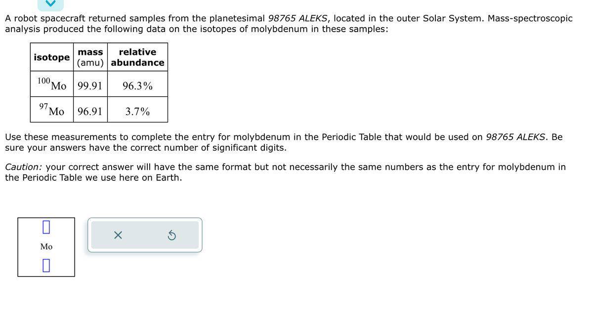 A robot spacecraft returned samples from the planetesimal 98765 ALEKS, located in the outer Solar System. Mass-spectroscopic
analysis produced the following data on the isotopes of molybdenum in these samples:
isotope
100-
'Mo 99.91
97.
mass relative
(amu) abundance
96.3%
Mo 96.91
Use these measurements to complete the entry for molybdenum in the Periodic Table that would be used on 98765 ALEKS. Be
sure your answers have the correct number of significant digits.
0
Mo
3.7%
Caution: your correct answer will have the same format but not necessarily the same numbers as the entry for molybdenum in
the Periodic Table we use here on Earth.
X
Ś