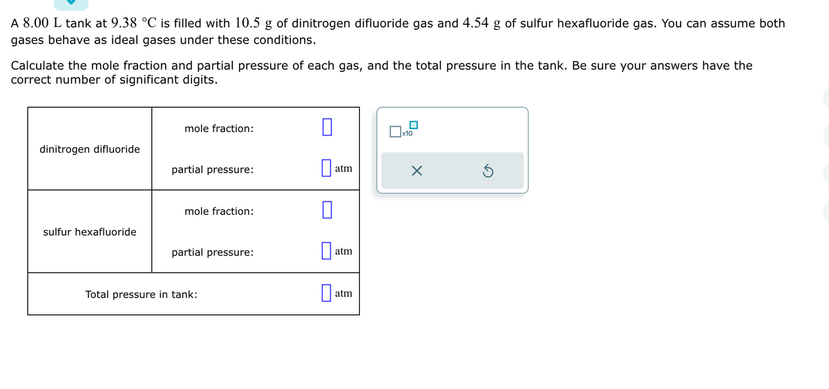 A 8.00 L tank at 9.38 °C is filled with 10.5 g of dinitrogen difluoride gas and 4.54 g of sulfur hexafluoride gas. You can assume both
gases behave as ideal gases under these conditions.
Calculate the mole fraction and partial pressure of each gas, and the total pressure in the tank. Be sure your answers have the
correct number of significant digits.
dinitrogen difluoride
sulfur hexafluoride
mole fraction:
partial pressure:
mole fraction:
partial pressure:
Total pressure in tank:
0
||
atm
atm
atm
x10
X
Ś