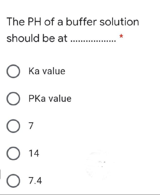 The PH of a buffer solution
should be at..
Ka value
O PKa value
7
O 14
7.4
