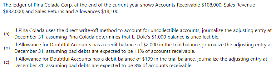 The ledger of Pina Colada Corp. at the end of the current year shows Accounts Receivable $108,000; Sales Revenue
$832,000; and Sales Returns and Allowances $18,100.
If Pina Colada uses the direct write-off method to account for uncollectible accounts, journalize the adjusting entry at
(a)
December 31, assuming Pina Colada determines that L. Dole's $1,000 balance is uncollectible.
If Allowance for Doubtful Accounts has a credit balance of $2,000 in the trial balance, journalize the adjusting entry at
(b)
December 31, assuming bad debts are expected to be 11% of accounts receivable.
If Allowance for Doubtful Accounts has a debit balance of $199 in the trial balance, journalize the adjusting entry
(c)
December 31, assuming bad debts are expected to be 8% of accounts receivable.
