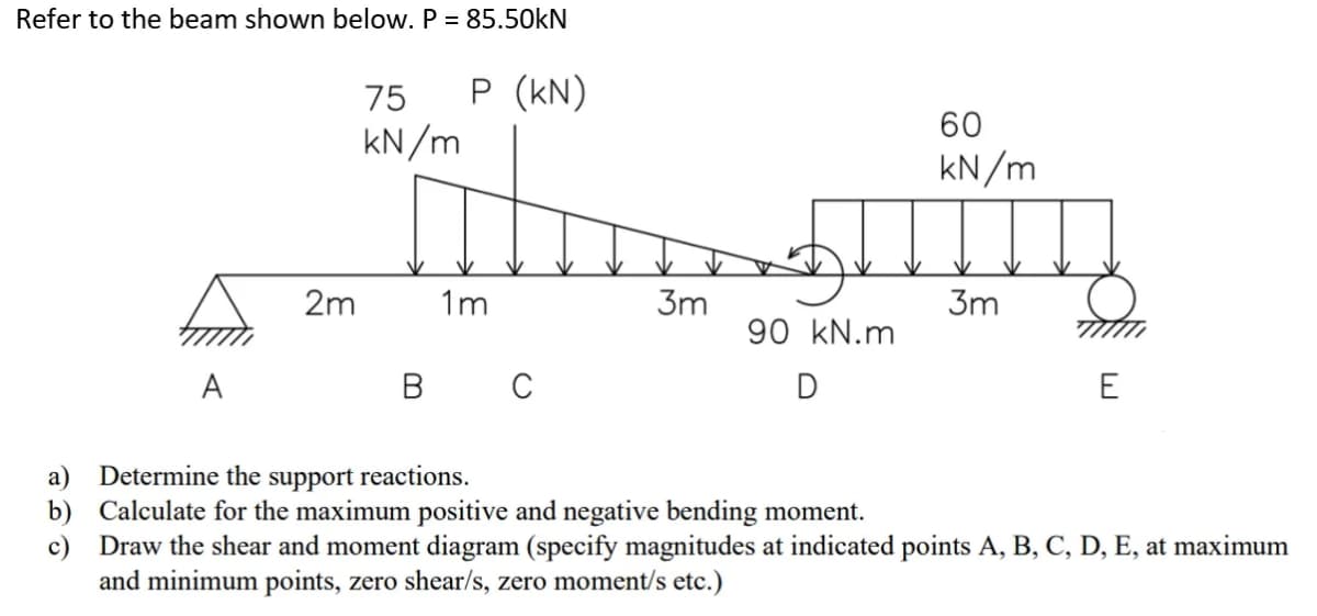 Refer to the beam shown below. P = 85.50kN
75
P (kN)
60
kN/m
kN/m
2m
1m
3m
3m
90 kN.m
A
В
C
D
E
a) Determine the support reactions.
b) Calculate for the maximum positive and negative bending moment.
c) Draw the shear and moment diagram (specify magnitudes at indicated points A, B, C, D, E, at maximum
and minimum points, zero shear/s, zero moment/s etc.)
