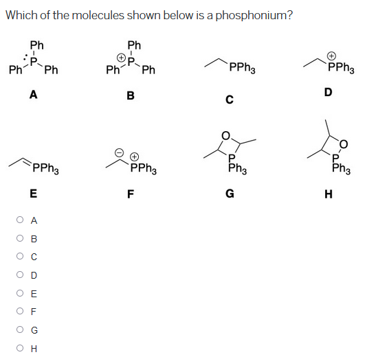 Which of the molecules shown below is a phosphonium?
Ph
C
O
Ph
O
A
E
PPh3
A
B
OE
F
LL
O
Q
Ο Η
Ph
Ph
Ph Ph
B
PPh3
F
PPh3
C
Pn3
G
JO
PPh3
D
H