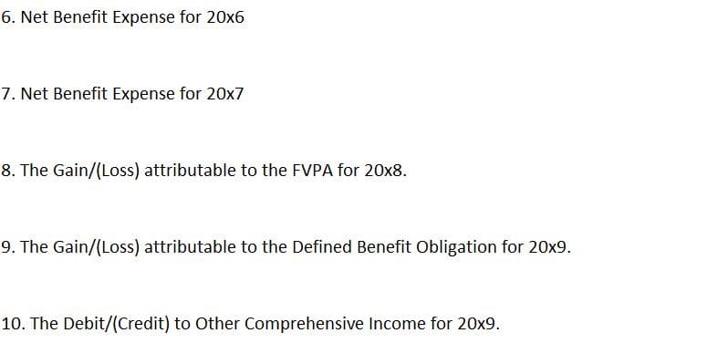 6. Net Benefit Expense for 20x6
7. Net Benefit Expense for 20x7
8. The Gain/(Loss) attributable to the FVPA for 20x8.
9. The Gain/(Loss) attributable to the Defined Benefit Obligation for 20x9.
10. The Debit/(Credit) to Other Comprehensive Income for 20x9.
