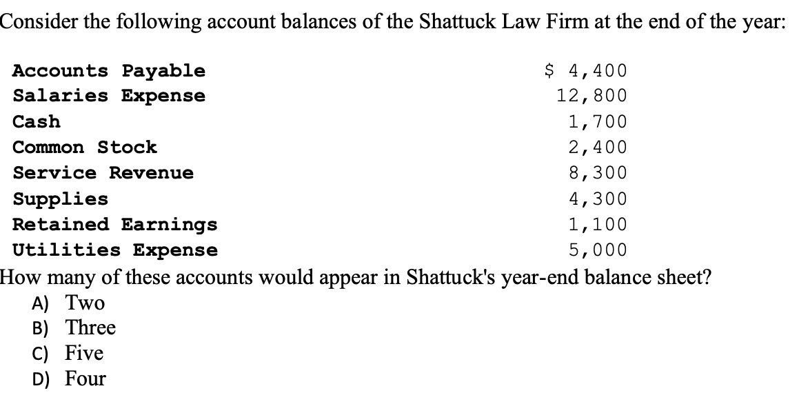 Consider the following account balances of the Shattuck Law Firm at the end of the year:
Accounts Payable
$ 4,400
12,800
Salaries Expense
Cash
1,700
Common Stock
2,400
Service Revenue
8,300
Supplies
4,300
Retained Earnings
1,100
Utilities Expense
5,000
How many of these accounts would appear in Shattuck's year-end balance sheet?
A) Two
B) Three
C) Five
D) Four