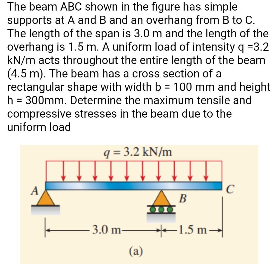 The beam ABC shown in the figure has simple
supports at A and B and an overhang from B to C.
The length of the span is 3.0 m and the length of the
overhang is 1.5 m. A uniform load of intensity q =3.2
kN/m acts throughout the entire length of the beam
(4.5 m). The beam has a cross section of a
rectangular shape with width b = 100 mm and height
h = 300mm. Determine the maximum tensile and
compressive stresses in the beam due to the
uniform load
%D
q = 3.2 kN/m
A
В
3.0 m.
1.5 m
(а)

