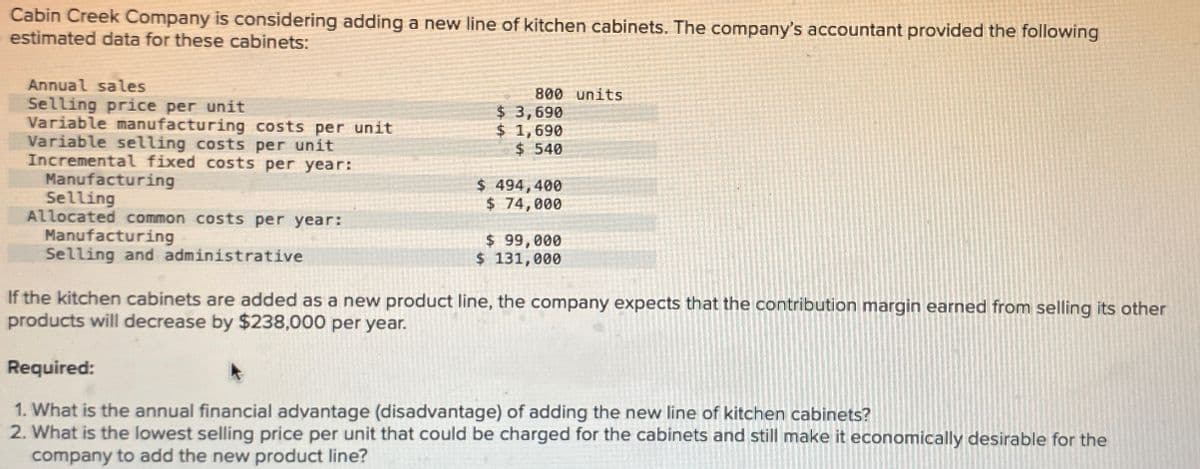 Cabin Creek Company is considering adding a new line of kitchen cabinets. The company's accountant provided the following
estimated data for these cabinets:
Annual sales
Selling price per unit
Variable manufacturing costs per unit
Variable selling costs per unit
Incremental fixed costs per year:
800 units
$ 3,690
$ 1,690
$ 540
$ 494,400
Manufacturing
Selling
Allocated common costs per year:
Manufacturing
Selling and administrative
$ 74,000
$ 99,000
$ 131,000
If the kitchen cabinets are added as a new product line, the company expects that the contribution margin earned from selling its other
products will decrease by $238,000 per year.
Required:
1. What is the annual financial advantage (disadvantage) of adding the new line of kitchen cabinets?
2. What is the lowest selling price per unit that could be charged for the cabinets and still make it economically desirable for the
company to add the new product line?