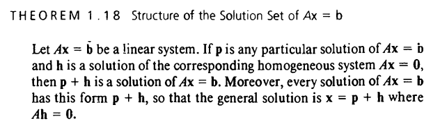 THEOREM 1.18 Structure of the Solution Set of Ax = b
Let Ax = b be a linear system. If p is any particular solution of Ax = b
and h is a solution of the corresponding homogeneous system Ax = 0,
then p + h is a solution of Ax = b. Moreover, every solution of Ax = b
has this form p + h, so that the general solution is x = p + h where
Ah = 0.