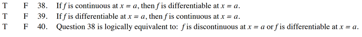 T
T
T
F 38. Iffis continuous at x = a, then fis differentiable at x = a.
F 39. Iff is differentiable at x = a, then fis continuous at x = a.
F 40. Question 38 is logically equivalent to: fis discontinuous at x = a or f is differentiable at x = a.