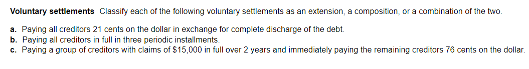 Voluntary settlements Classify each of the following voluntary settlements as an extension, a composition, or a combination of the two.
a. Paying all creditors 21 cents on the dollar in exchange for complete discharge of the debt.
b. Paying all creditors in full in three periodic installments.
c. Paying a group of creditors with claims of $15,000 in full over 2 years and immediately paying the remaining creditors 76 cents on the dollar.