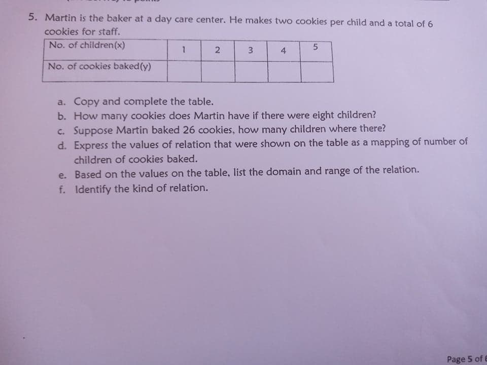 5. Martin is the baker at a day care center. He makes two cookies per child and a total of 6
cookies for staff.
No. of children(x)
3
4
No. of cookies baked(y)
a. Copy and complete the table.
b. How many cookies does Martin have if there were eight children?
ose Martin baked 26 cookies, how many children where there?
d. Express the values of relation that were shown on the table as a mapping of number of
children of cookies baked.
e. Based on the values on the table, list the domain and range of the relation.
f. Identify the kind of relation.
Page 5 of 6
