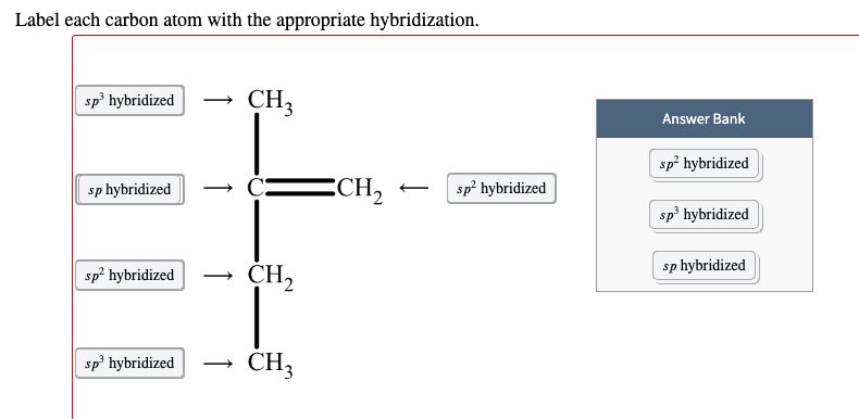 Label each carbon atom with the appropriate hybridization.
sp hybridized
- CH3
Answer Bank
sp² hybridized
sp hybridized
ECH,
sp? hybridized
sp' hybridized
sp hybridized
CH,
sp? hybridized
sp hybridized
CH3
