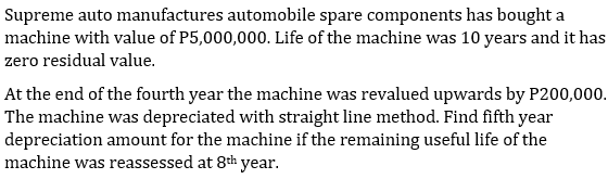 Supreme auto manufactures automobile spare components has bought a
machine with value of P5,000,000. Life of the machine was 10 years and it has
zero residual value.
At the end of the fourth year the machine was revalued upwards by P200,000.
The machine was depreciated with straight line method. Find fifth year
depreciation amount for the machine if the remaining useful life of the
machine was reassessed at 8th year.
